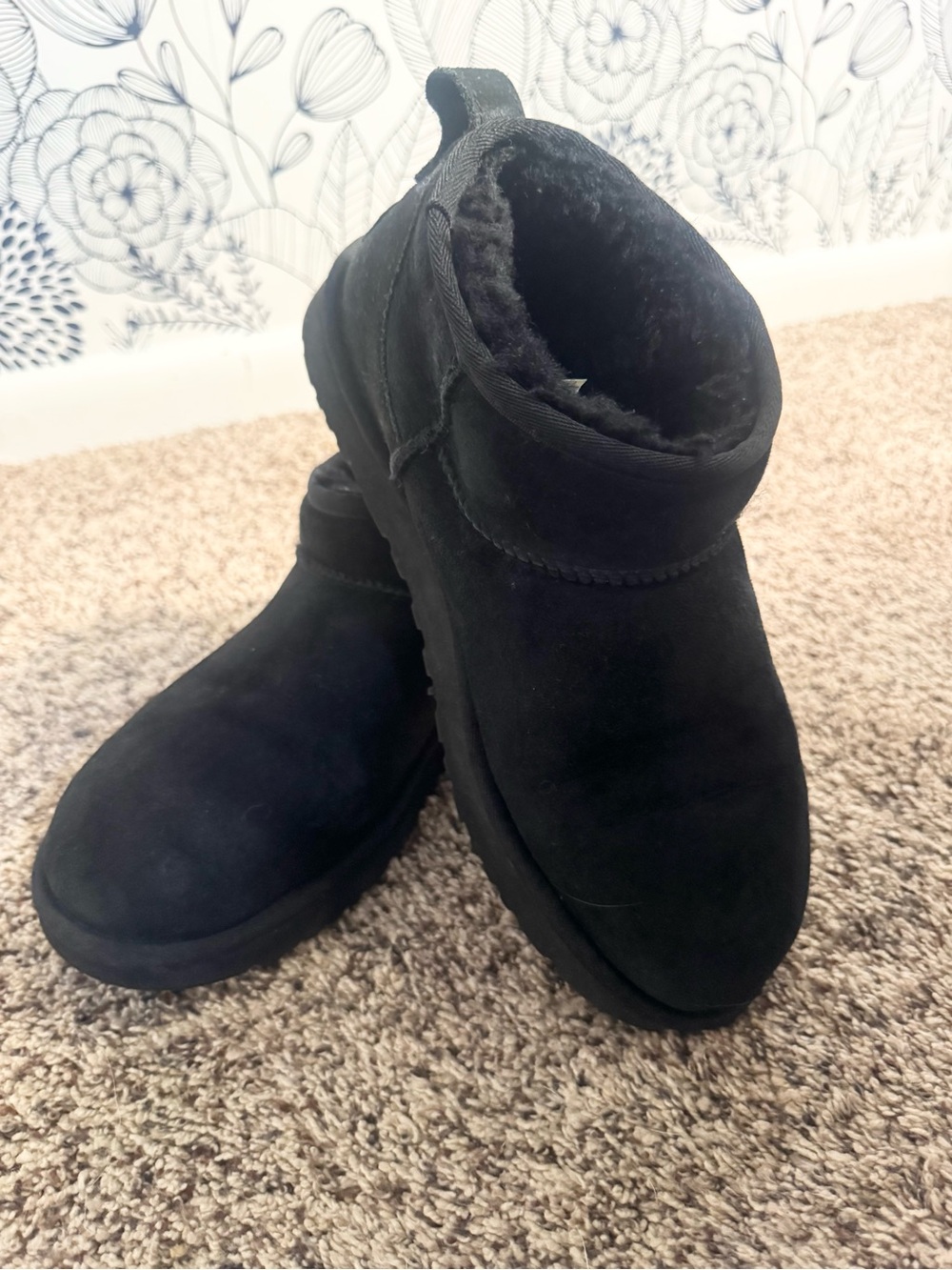 UGG Classic Ultra Mini Black Suede Shearling Boots
